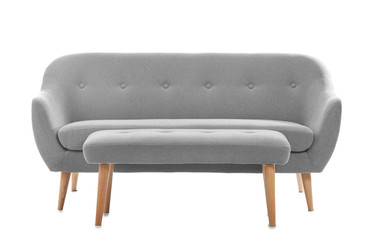 Comfortable sofa and bench on white background