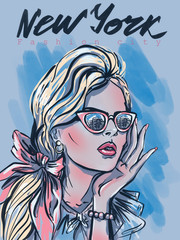 blonde girl in sunglasses looks at the city, fashion illustration