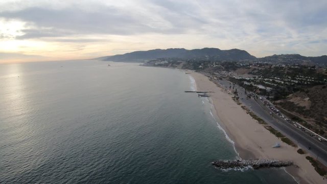 Pacific Coast Hwy Pacific Palisades CA Aerial Flight Above Beach