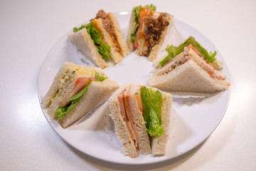 different variety of sandhich slices on a white plate on a white background