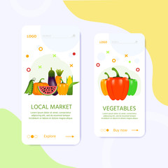 Landing page template for local market with set of realistic healthy vegetables  such as: carrot, tomato, pepper, eggplant, pumpkin. vector banner about diet, eco food