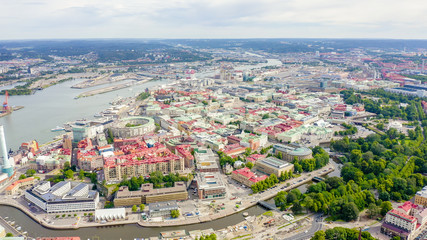 Gothenburg, Sweden. Panorama of the city central part of the city. Cloudy weather, From Drone