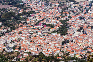 Aerial view of the city of Oliena out of the Supramonte mountain, Barbagia region, Sardinia, Italy.