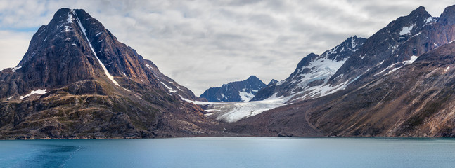Panoramic view of the Skjoldungen, a coastal island in the southeastern shores of Greenland. It is...
