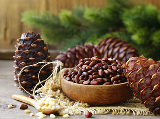 natural organic pine cones and nuts