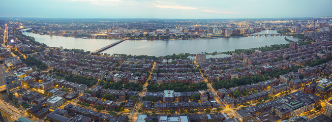 Panorama view of Boston cityscape from the Skywalk Observatory of the Prudential.Charles...