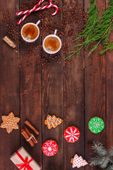 gingerbread cookies, christmas treat and holiday (delicious and sweet dessert, new year) menu concept. food background. copy space. Top view