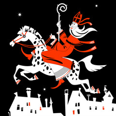 Santa Claus (Sinterklaas) rides a horse over the city at night. Christmas in Holland. Black, white and red.