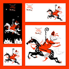 Set of 4 universal cards with Sinterklaas riding a horse. Christmas in Holland. Black, white and red.