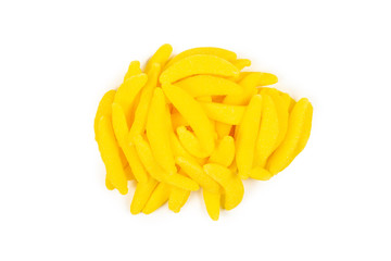 Juicy colorful jelly banana sweets isolated on white. Gummy candies.