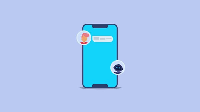 Robot interacting with man on smartphone, chat bot, virtual assistant, automatic reply concept. Video animation clip.