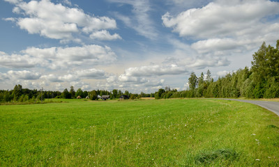 beautiful summer landscape with meadow and lots of clouds