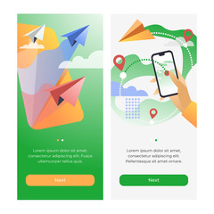 Booking private flying. Сoncept of paper airplanes for mobile apps or banners.