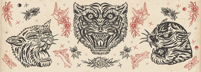 Tigers. Vintage old school tattoo collection. Asian wild cats. Traditional tattooing, japan style © intueri