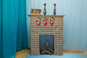 Warm cozy fireplace decorated . stone fireplace .