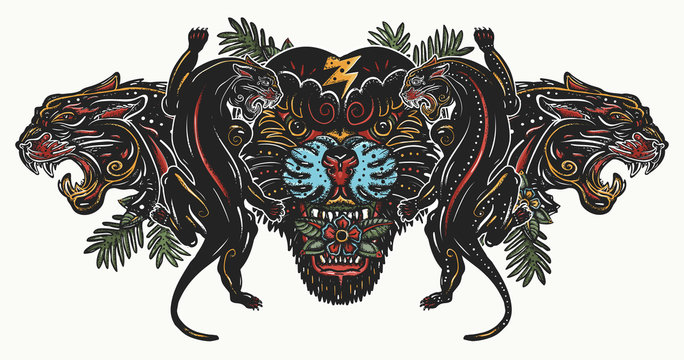 Aggressive black panthers in jungle. Color old school tattoo style. Wild cats t-shirt design
