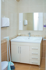  Luxury bathroom interior with big wooden commode and mirror . Spacious modern bathroom which has been laid out by a tile .