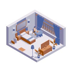 Vector concept scene with isometric hotel room number and business woman working on nothebook. Blue fabric and wooden furniture in single suit bedroom. 3d interior