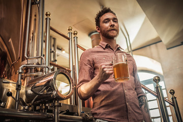 Man tasting fresh beer in a brewery
