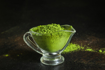matcha, green healthy tea (delicious drink green color, powder needs to be brewed bitter water) menu concept. food background. copy space. Top view