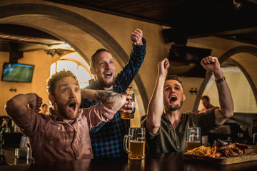 Friends drinking draft beer and watching tv in a pub