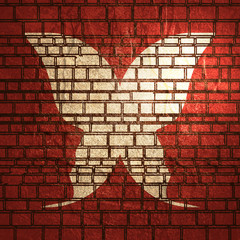 A butterfly or two face profile view. Optical illusion. Human head make silhouette of insect. Brick wall texture