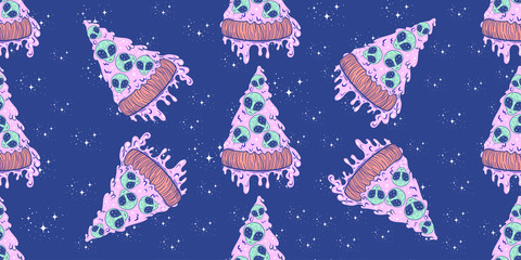 Cotton fabric seamless pattern pizza with aliens, ufo