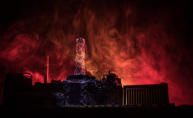 Creative artwork decoration. Chernobyl nuclear power plant at night. Layout of abandoned Chernobyl...