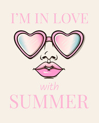 T-shirt print of a girl's face in sunglasses