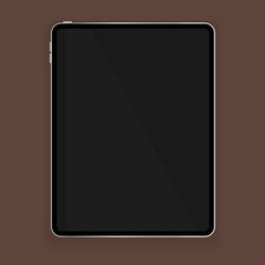 New design of silver  tablet in trendy thin frame style with shadow isolated on brown background. Vector illustration