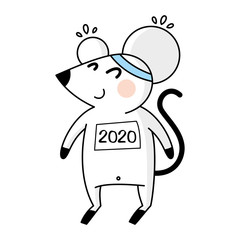 Cartoon white mouse with the inscription 2020. A symbol of the New Year and Christmas. Vector illustration