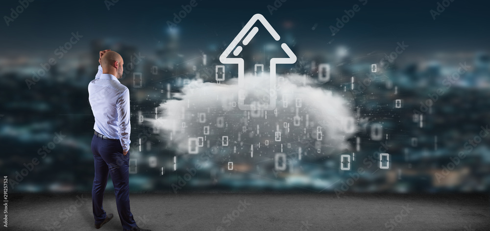 Poster businessman in front of a binary cloud with upload internet arrow 3d rendering