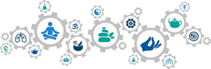 meditation icon concept: gong meditation & singing bowl / breathing / wellness / relaxation / mandala connected icons – vector illustration