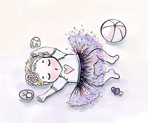 baby in a tutu among toys, children fashion illustration