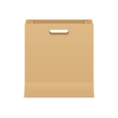 Brown paper bag for shopping. Blank cardboard packet on white background.