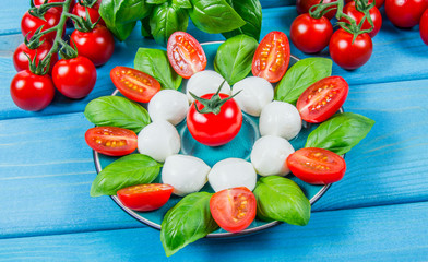 Fototapeta na wymiar Tomato and mozzarella with basil leaves on a plate. Caprese salad.