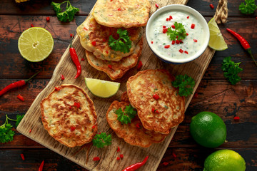 Corn fritters, pancake with dip white sauce, lime and chilli on wooden board