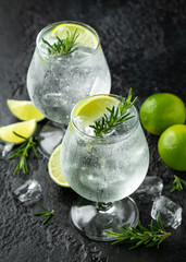 Gin and Tonic Alcohol drink with Lime, Rosemary and ice on rustic black table