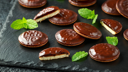 Jaffa cakes sweet cookies with orange and chocolate