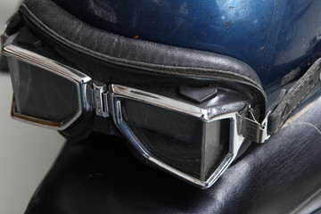 Old biker helmet and goggles. Lambretta