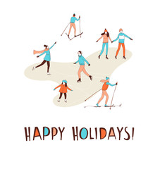 Winter sport activities Christmas greeting card. Happy Holidays