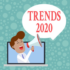 Handwriting text Trends 2020. Conceptual photo Upcoming year prevailing tendency Widely Discussed Online Man Speaking Through Laptop into Loudhailer Blank Speech Bubble Announce