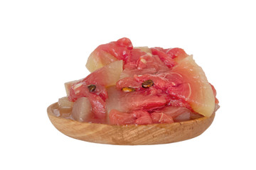 Fermented homemade products - salted watermelons in a wooden plate on a white background. Isolated