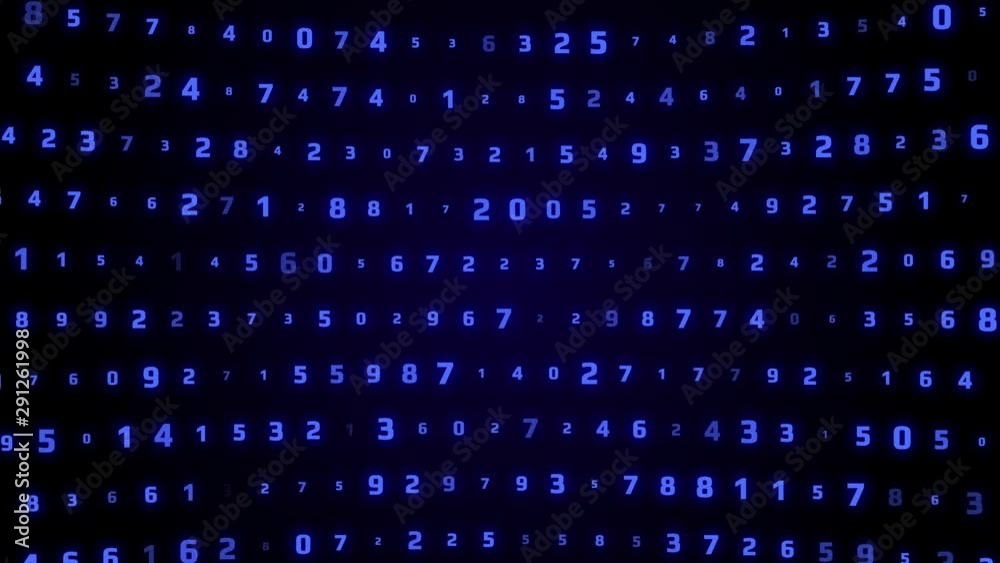 Fototapete Digital Number Technology 4K Motion Computing Running Developer Program Code Motion Background. 3D Graphic Binary Encoding Decimal Statistics Algorithm Row Matrix Concept Display.