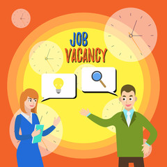Text sign showing Job Vacancy. Business photo text empty or available paid place in small or big company Business Partners Colleagues Jointly Seeking Problem Solution Generate Idea