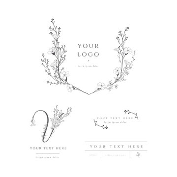 Vector pre-made logo branding kit, floral monogram. Decorated with detailed delicate flowers and brunches. Event planner, wedding planner, photography