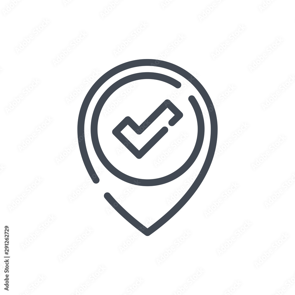 Poster map pointer with check mark line icon. confirmed location vector outline sign.
