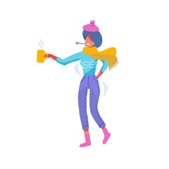 Sick woman Having Cold. Ill female character Wrapped to Warm scarf Holding Hot Drink in cup, a thermometer in her mouth, ice cup on his head. Cartoon Flat Vector Illustration