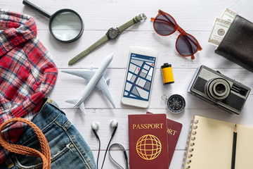 flat lay of travel item accessory, essential vacation items accessory. travel concept background