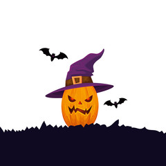 halloween pumpkin with witch hat and bats flying